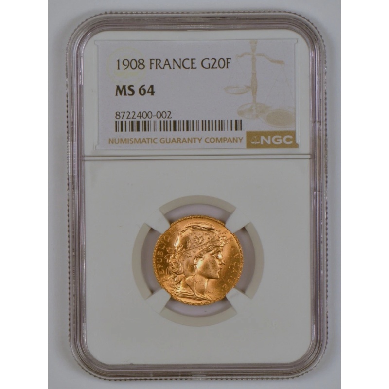 1908 France 20 Francs Rooster Gold Coin Graded Gem MS64 by NGC