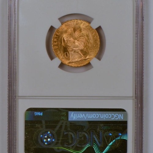 1908 France 20 Francs Rooster Gold Coin Graded Gem MS64 by NGC