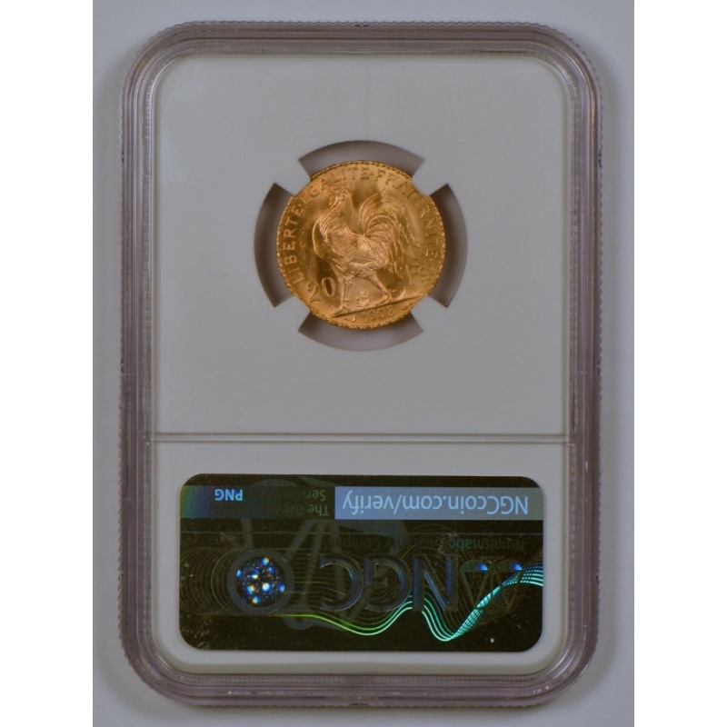 1908 France 20 Francs Rooster Gold Coin Graded Gem MS64 by NGC